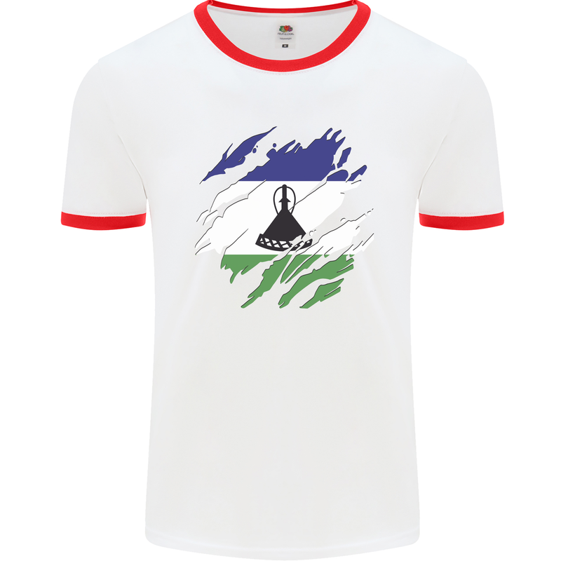 Torn Lesotho Flag Basotho Day Football Mens Ringer T-Shirt White/Red