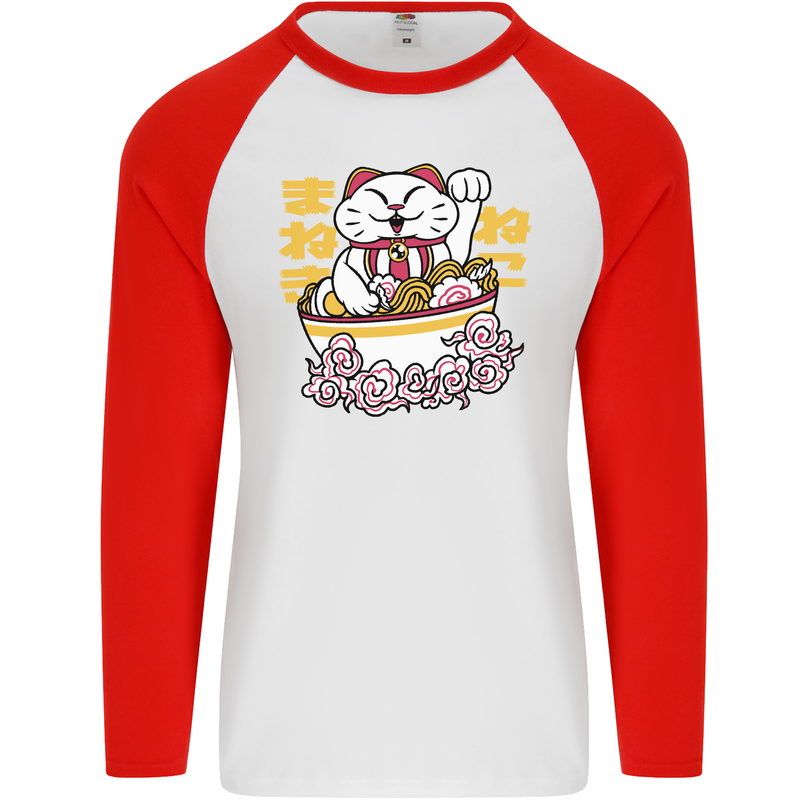 Ramen Lucky Cat Mens L/S Baseball T-Shirt White/Red