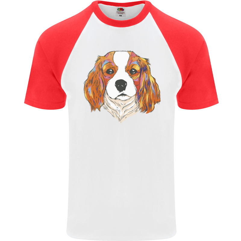 A Colourful King Charles Spaniel Dog Mens S/S Baseball T-Shirt White/Red