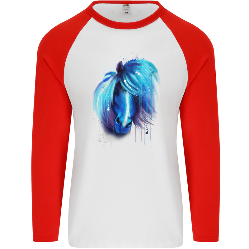 Watercolour Horse Mens L/S Baseball T-Shirt White/Red