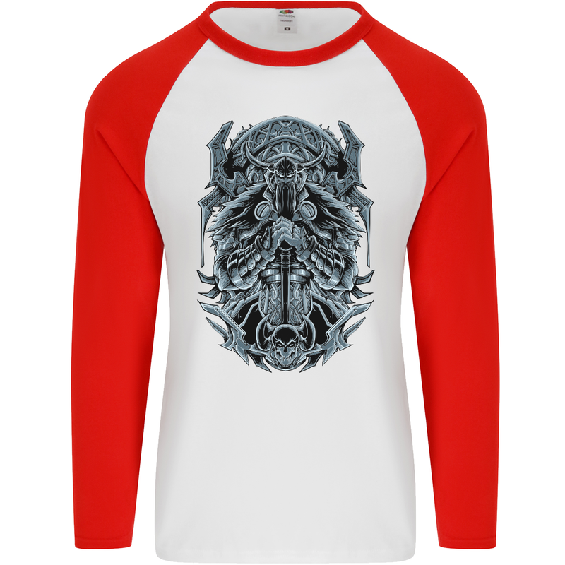 Viking God Odin Valhalla Norse Warrior Mens L/S Baseball T-Shirt White/Red