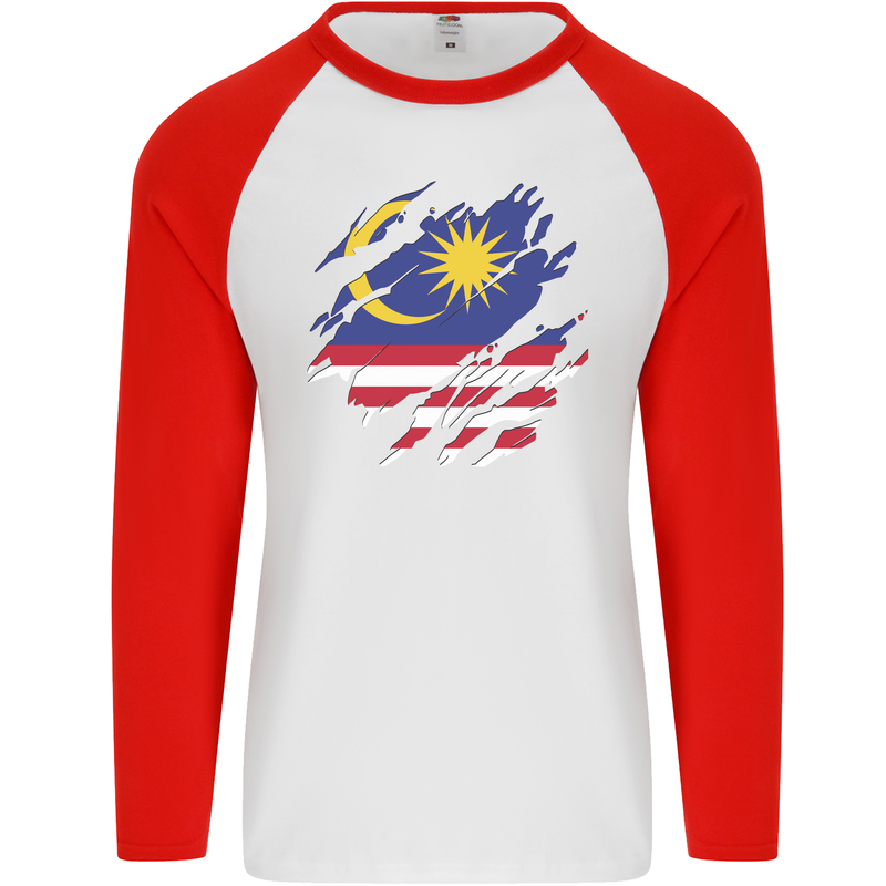 Torn Malaysia Flag Malaysian Day Football Mens L/S Baseball T-Shirt White/Red