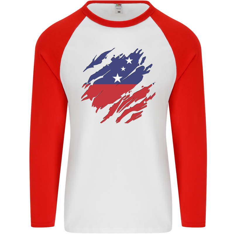 Torn Samoa Flag Samoan Day Football Mens L/S Baseball T-Shirt White/Red