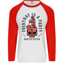 Every Day Is a Party Hustle Skull Alcohol Mens L/S Baseball T-Shirt White/Red