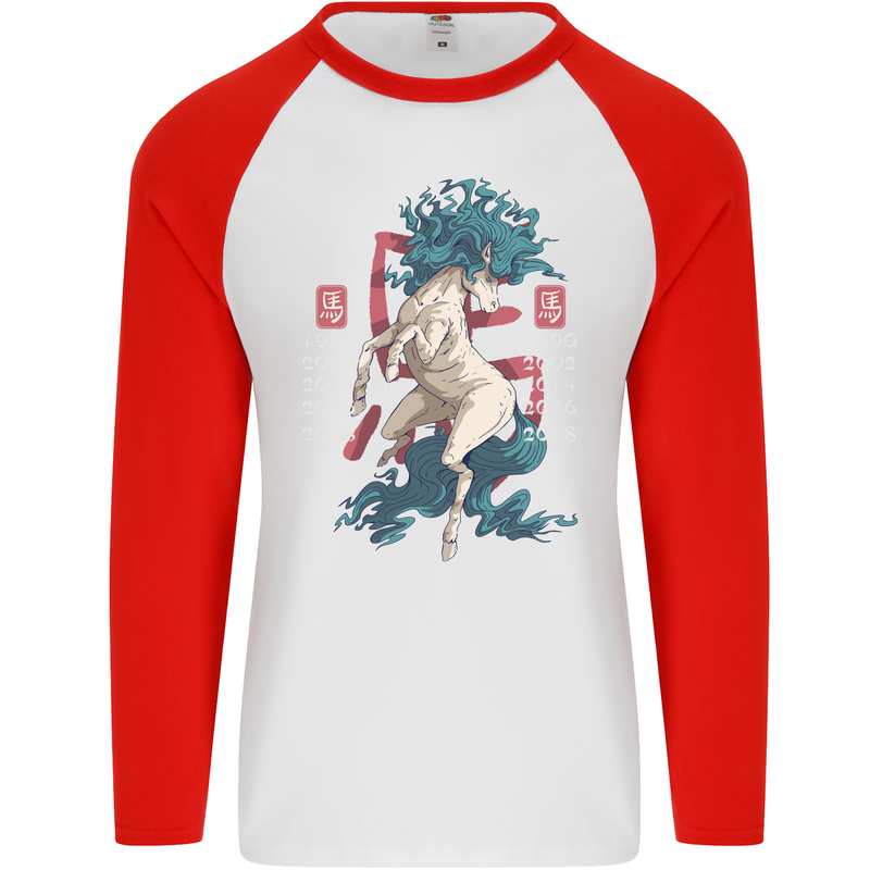 Chinese Zodiac Shengxiao Year of the Horse Mens L/S Baseball T-Shirt White/Red