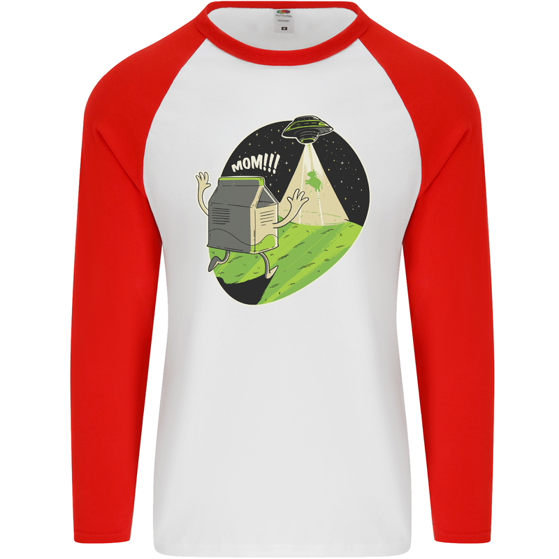 Cow Abduction Funny Alien UFO Food Mens L/S Baseball T-Shirt White/Red