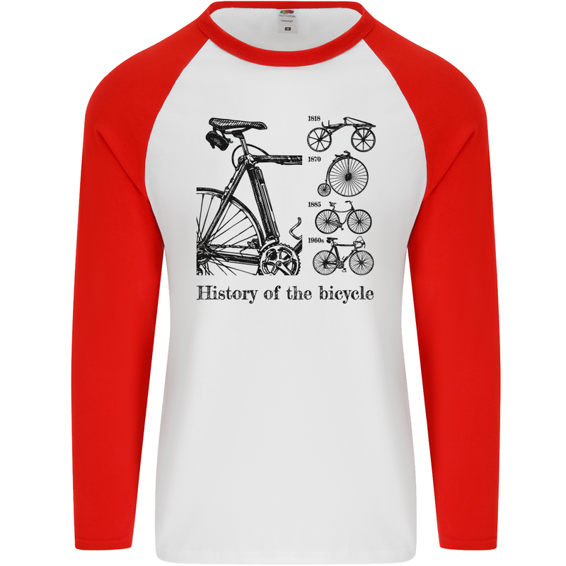 History of the Bicycle Cyclist Cycling Bike Mens L/S Baseball T-Shirt White/Red