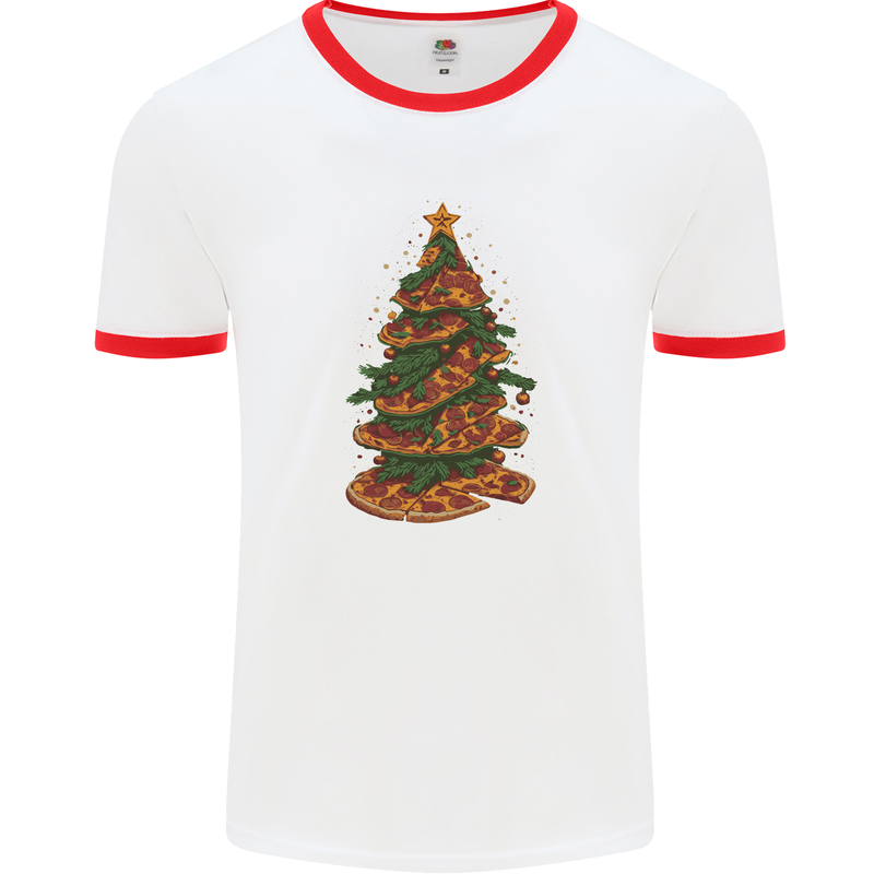 Funny Christmas Pizza Tree Xmas Food Mens Ringer T-Shirt White/Red