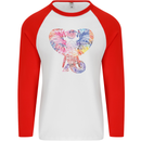 Mandala Art Elephant Contemporary Mens L/S Baseball T-Shirt White/Red