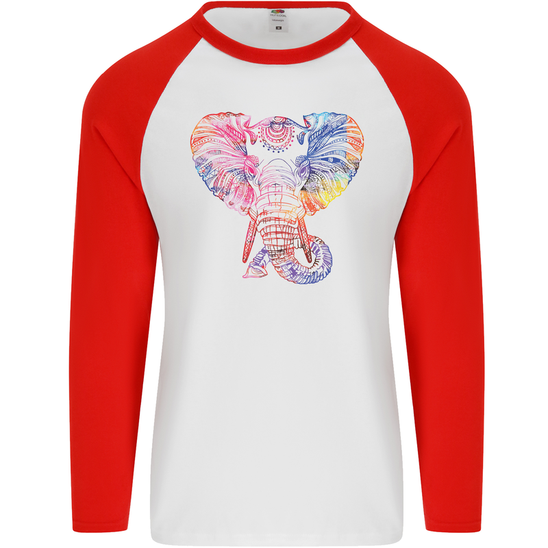 Mandala Art Elephant Contemporary Mens L/S Baseball T-Shirt White/Red