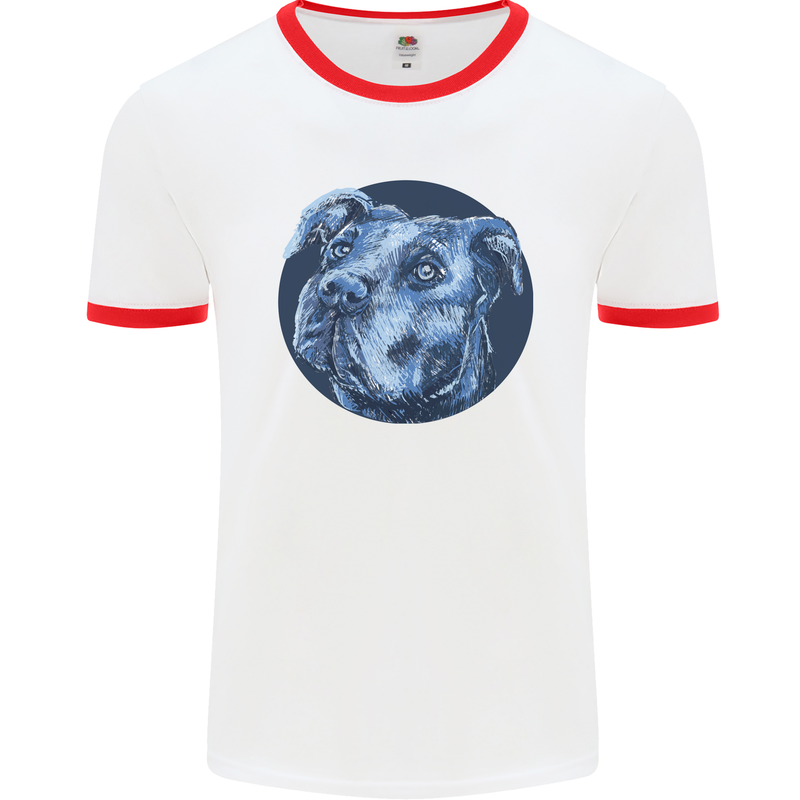 Pitbull Dog Portrait Mens Ringer T-Shirt White/Red