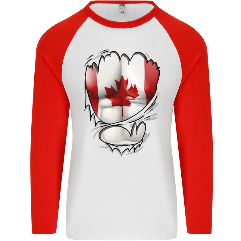 Gym Canadian Maple Leaf Flag Muscles Canada Mens L/S Baseball T-Shirt White/Red