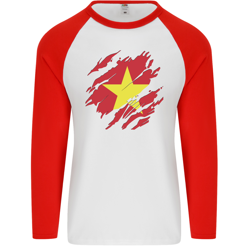 Torn Vietnam Flag Vietnamese Day Football Mens L/S Baseball T-Shirt White/Red