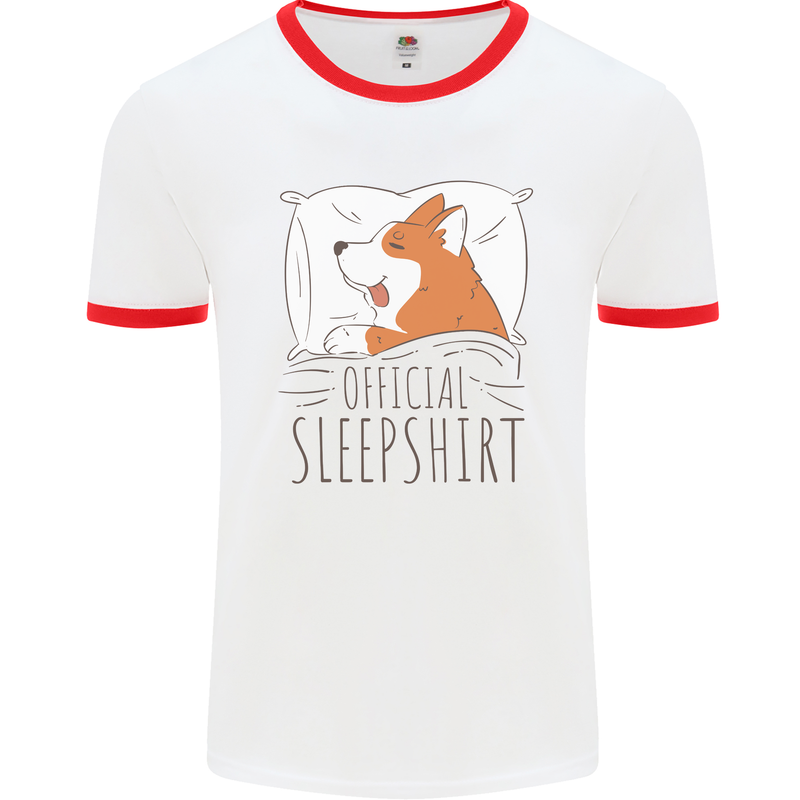 Corgi Sleeping Dog Mens Ringer T-Shirt White/Red