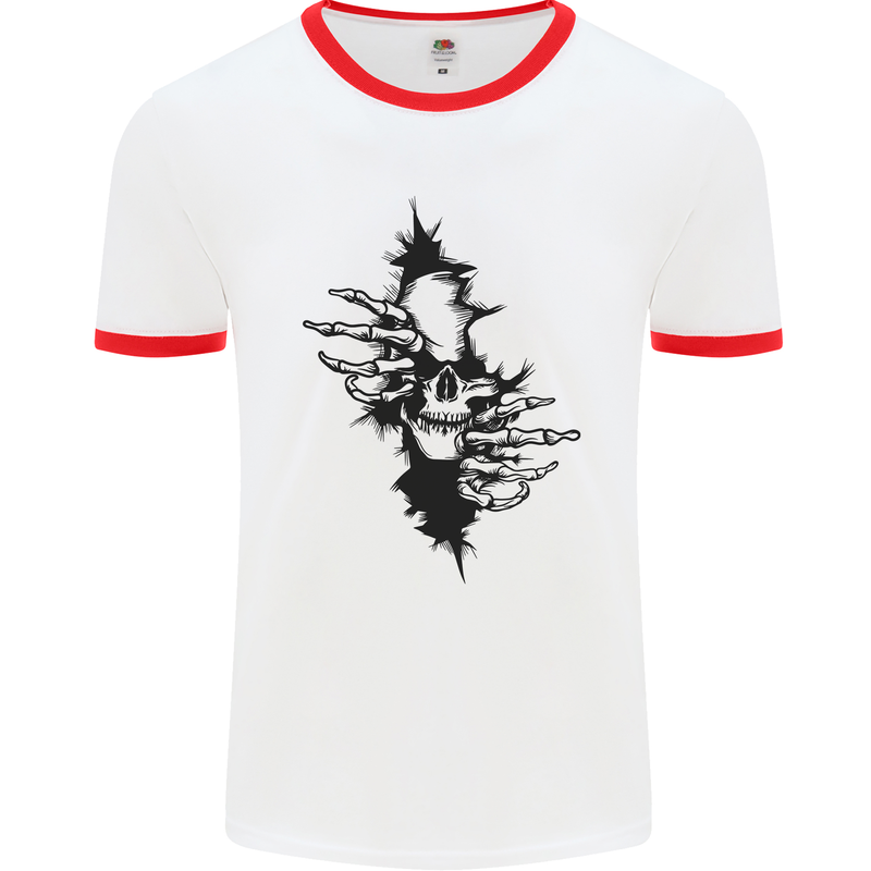 A Skull From a Ripped Shirt Gothic Goth Biker Mens Ringer T-Shirt White/Red