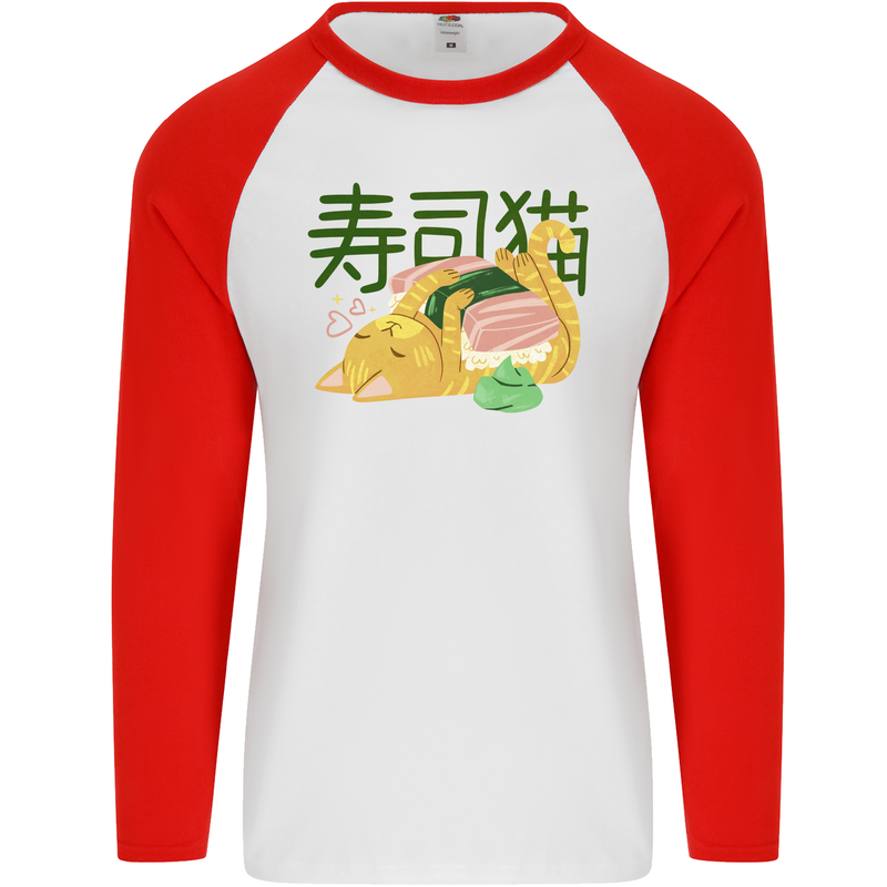 Sushi Cat Mens L/S Baseball T-Shirt White/Red