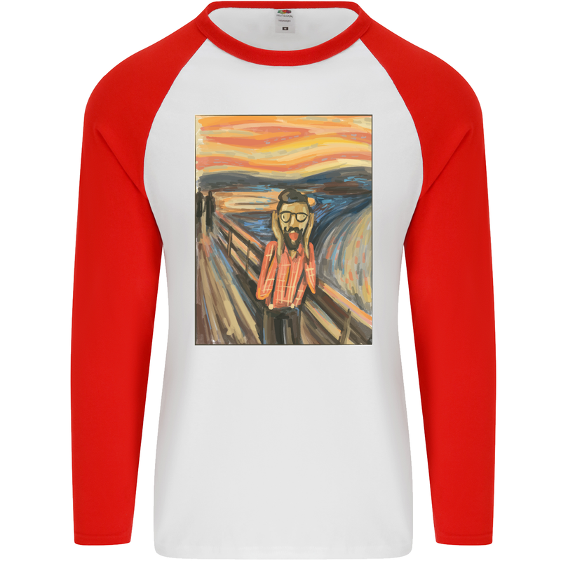 Hipster Scream Painting Mens L/S Baseball T-Shirt White/Red