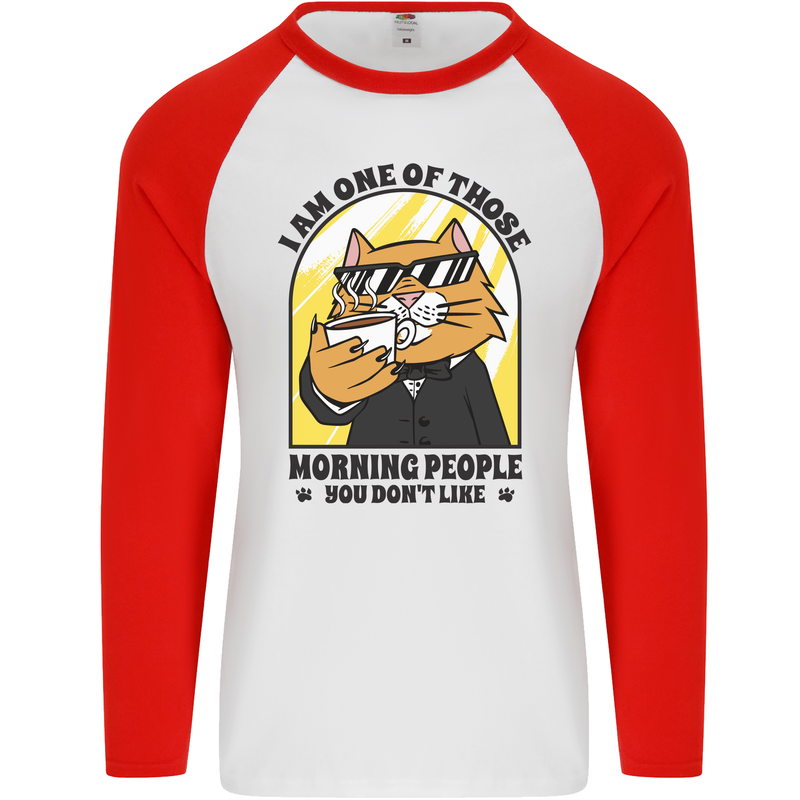 Cats I'm One of Those Morning People Funny Mens L/S Baseball T-Shirt White/Red