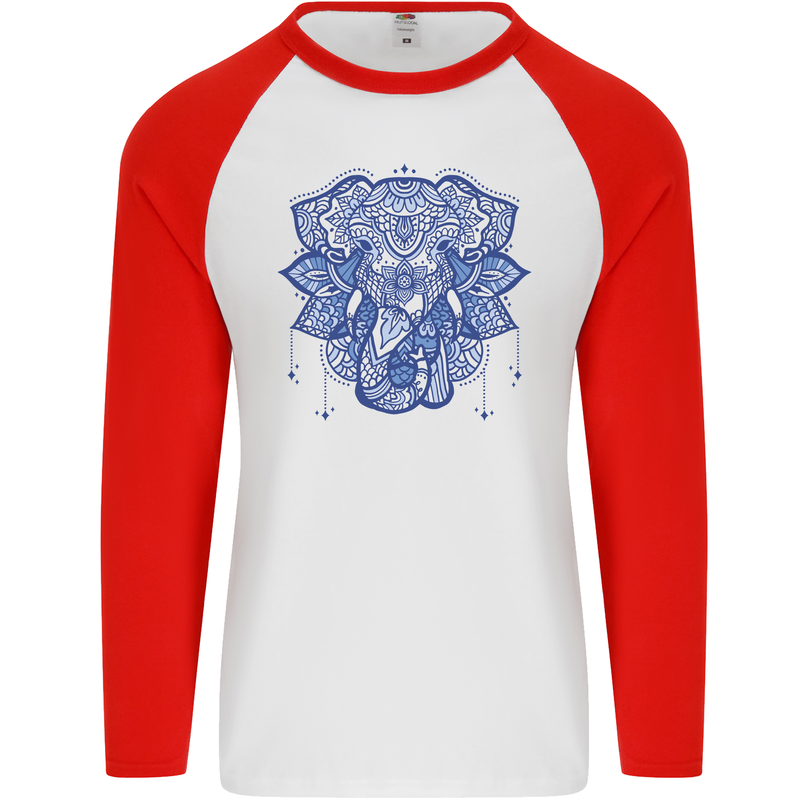 Mandala Art Elephant Mens L/S Baseball T-Shirt White/Red