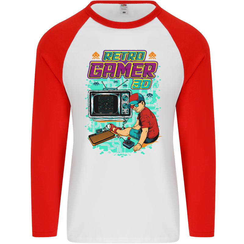 Retro Gamer Arcade Games Gaming Mens L/S Baseball T-Shirt White/Red