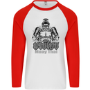 Muay Thai Boxing MMA Martial Arts Kick Mens L/S Baseball T-Shirt White/Red