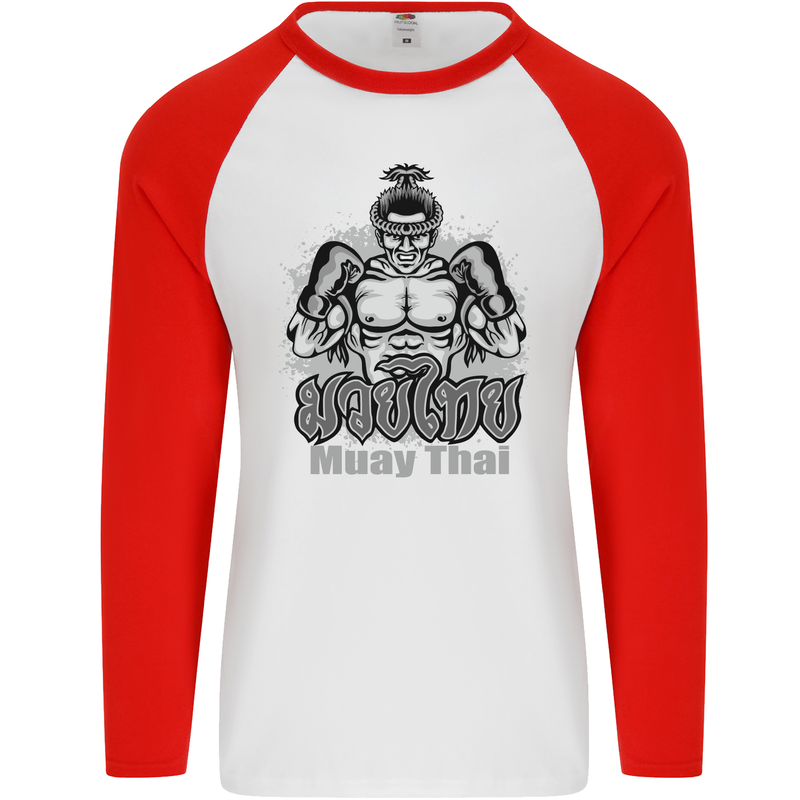 Muay Thai Boxing MMA Martial Arts Kick Mens L/S Baseball T-Shirt White/Red