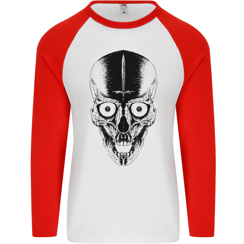 Skull With a Sword Gothic Heavy Metal Rock Mens L/S Baseball T-Shirt White/Red