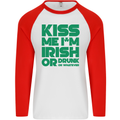 Kiss Me I'm Irish or Drunk St Patricks Day Mens L/S Baseball T-Shirt White/Red