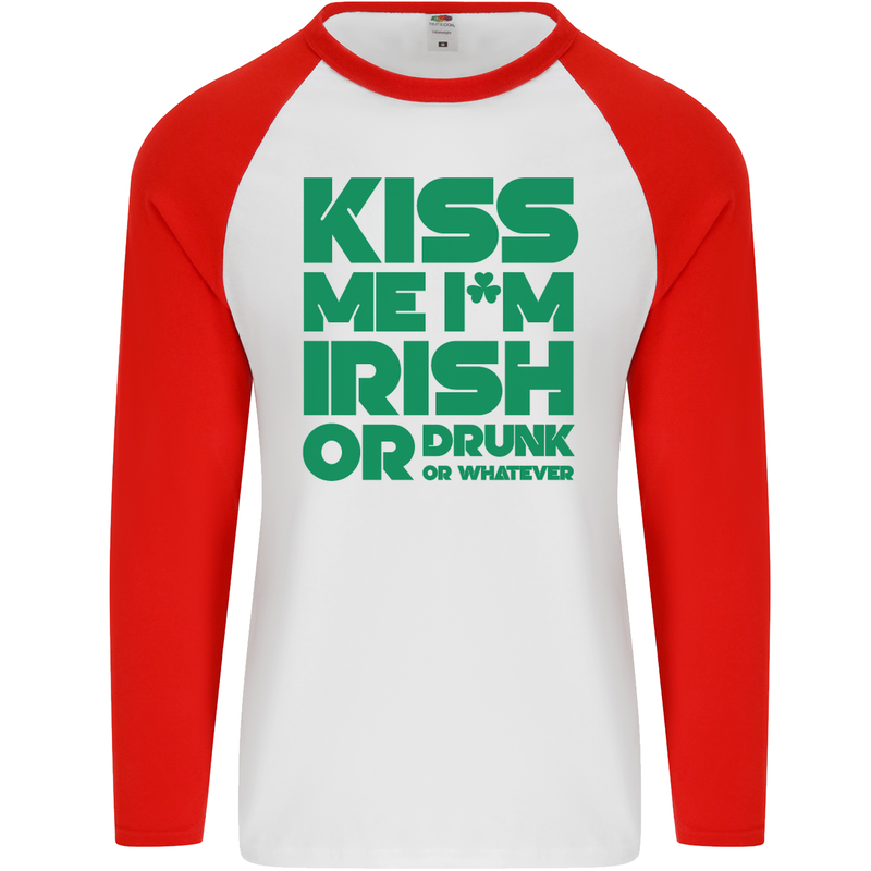 Kiss Me I'm Irish or Drunk St Patricks Day Mens L/S Baseball T-Shirt White/Red