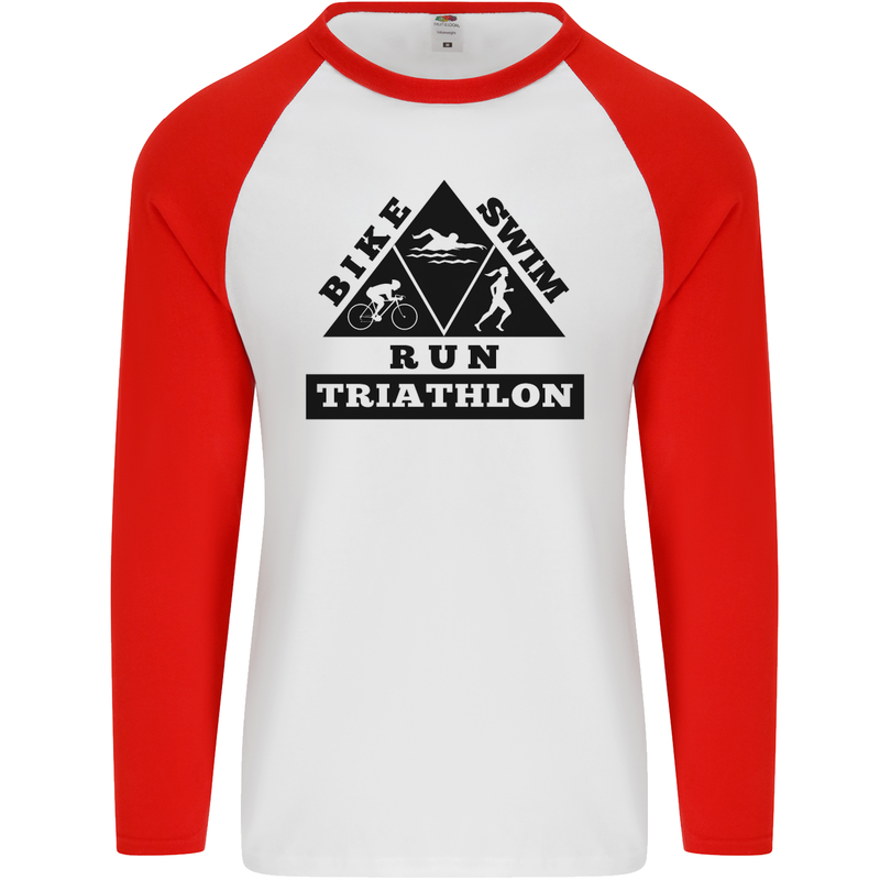 Triathlon Triangle Running Swimming Cycling Mens L/S Baseball T-Shirt White/Red