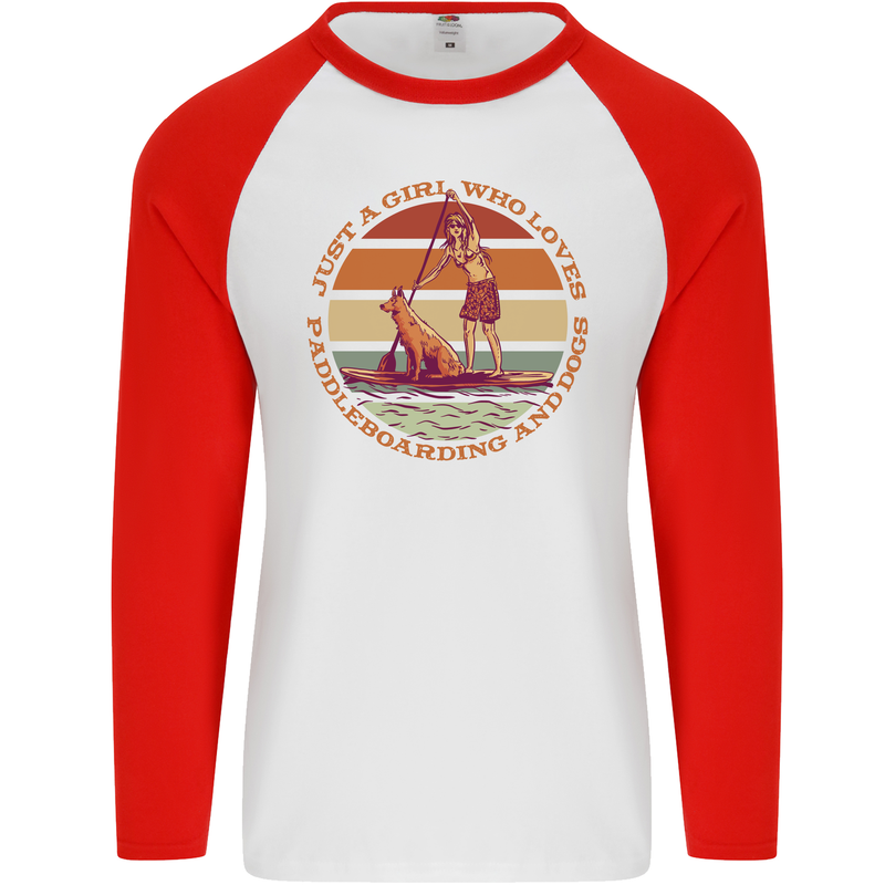 A Girl Who Loves Paddleboarding and Dogs Mens L/S Baseball T-Shirt White/Red