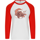 Funny Christmas Highland Cow Santa Hat Mens L/S Baseball T-Shirt White/Red