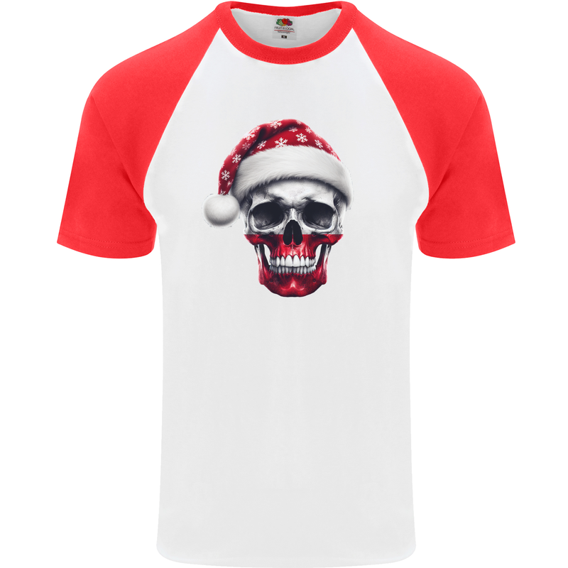 Polish Christmas Skull Xmas Poland Biker Flag Mens S/S Baseball T-Shirt White/Red