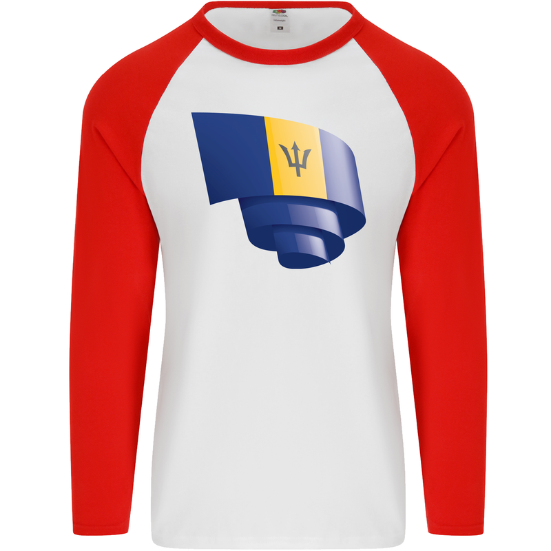 Curled Barbados Flag Barbadians Day Football Mens L/S Baseball T-Shirt White/Red