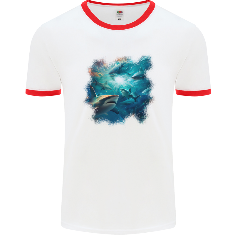 Ocean Great White Sharks Mens Ringer T-Shirt White/Red