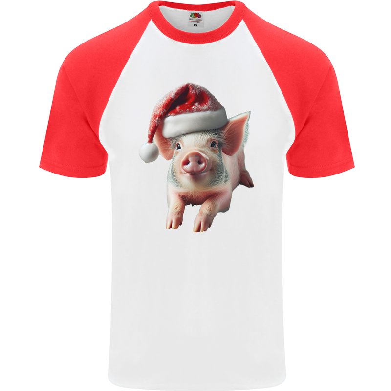 Christmas Pig Wearing Xmas Hats Piglets Mens S/S Baseball T-Shirt White/Red