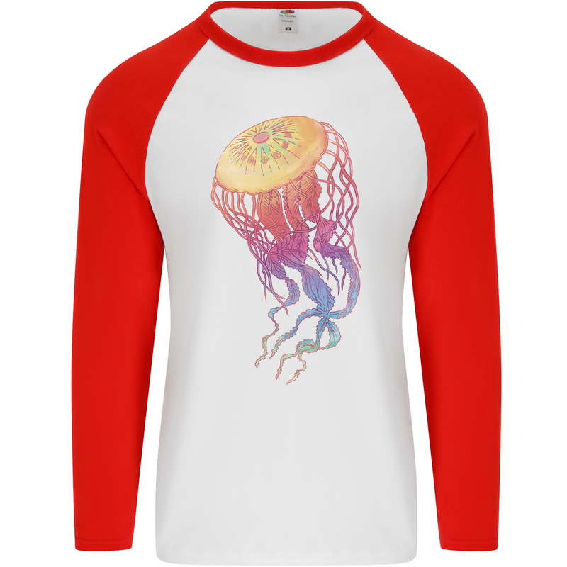 Colourful Jellyfish Ocean Life Mens L/S Baseball T-Shirt White/Red