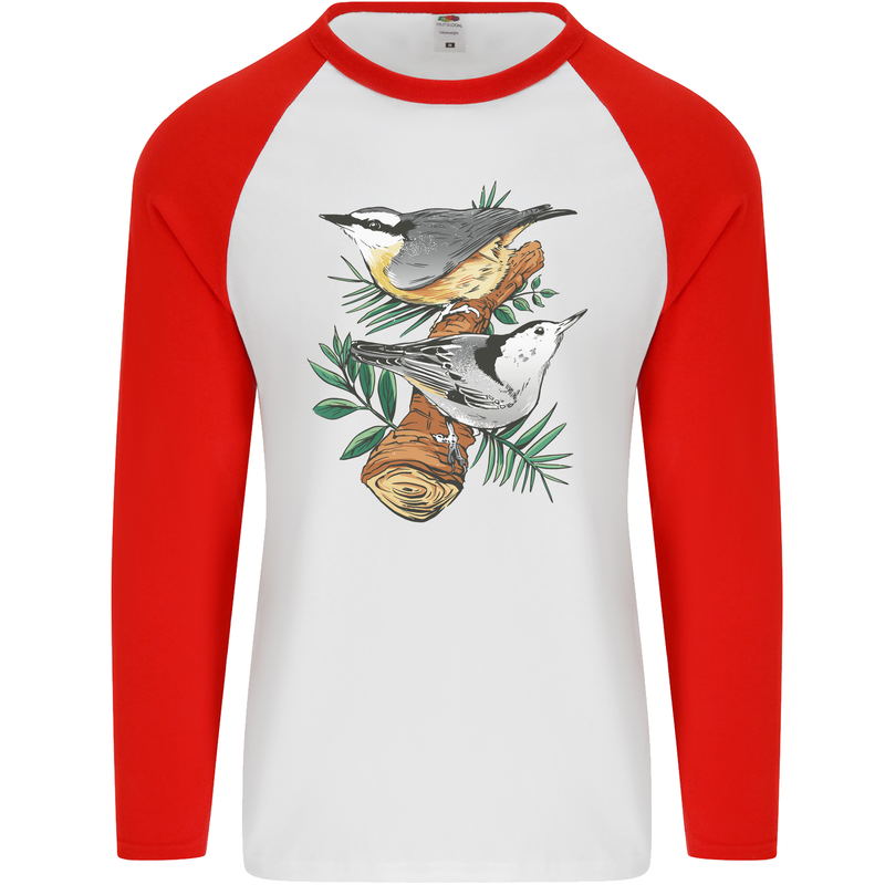 Nuthatch Garden Bird Watching Mens L/S Baseball T-Shirt White/Red