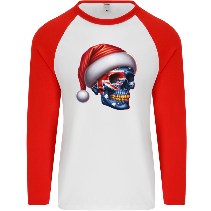 Australia Christmas Skull Australian Flag Biker Mens L/S Baseball T-Shirt White/Red