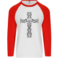 A Gothic Skull and Tentacles on a Cross Mens L/S Baseball T-Shirt White/Red