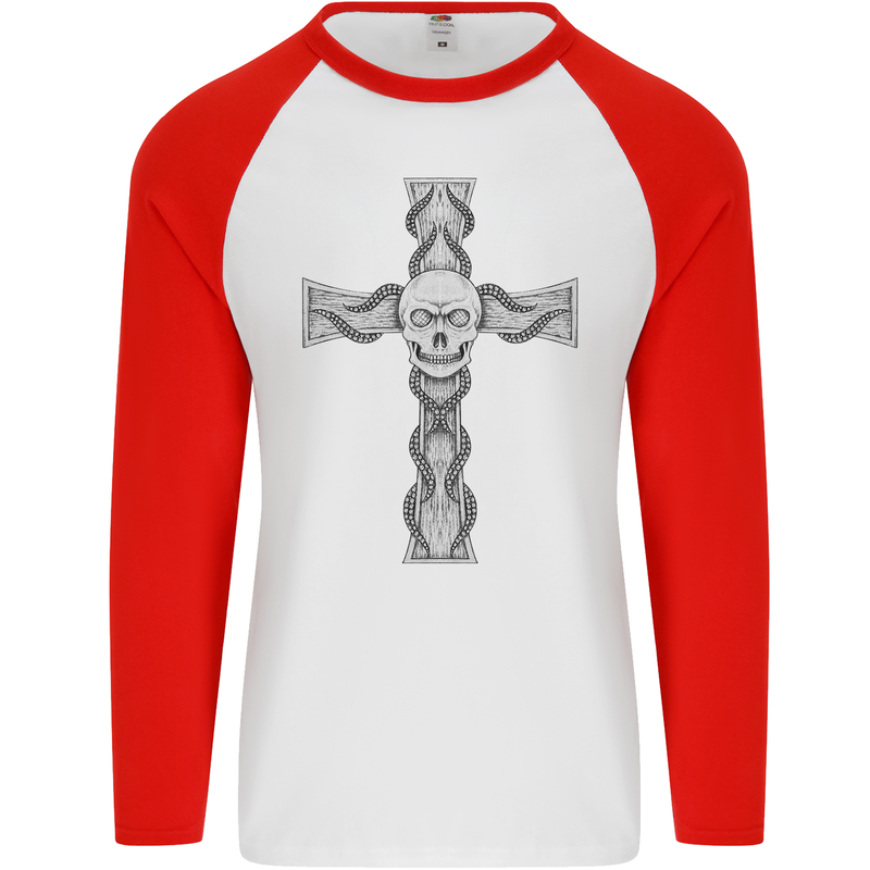 A Gothic Skull and Tentacles on a Cross Mens L/S Baseball T-Shirt White/Red