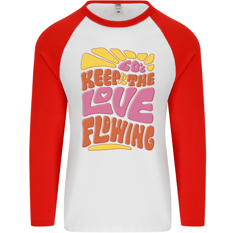 60s Keep the Love Flowing Funny Hippy Peace Mens L/S Baseball T-Shirt White/Red