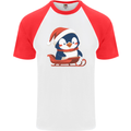 Cute Christmas Penguin & Sledge Funny Xmas Mens S/S Baseball T-Shirt White/Red