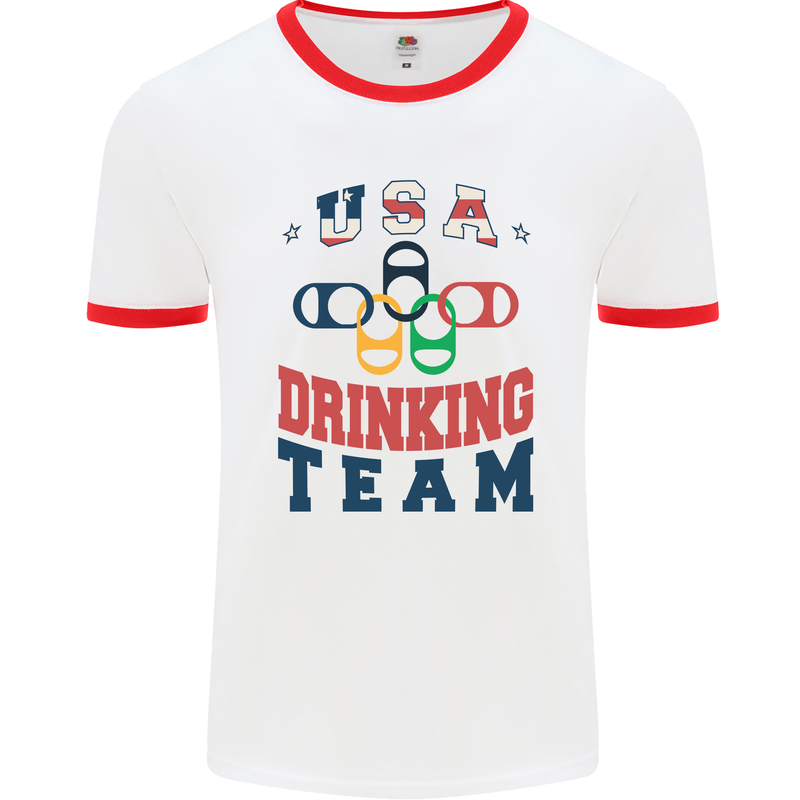 USA Drinking Team Funny Bachelor Party Beer Mens Ringer T-Shirt White/Red