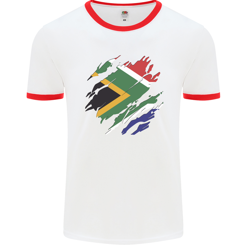 Torn South African Flag Africa Day Football Mens Ringer T-Shirt White/Red