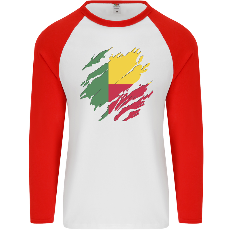 Torn Benin Flag Beninese Day Football Mens L/S Baseball T-Shirt White/Red