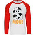 Moo Funny Cow Ghost Halloween Spooky Mens L/S Baseball T-Shirt White/Red