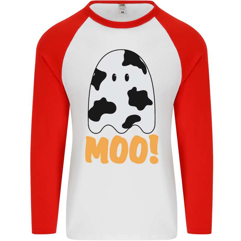 Moo Funny Cow Ghost Halloween Spooky Mens L/S Baseball T-Shirt White/Red