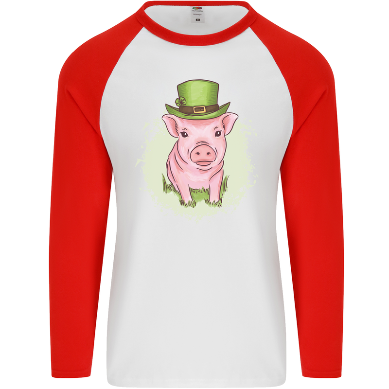 St Patricks Day Pig Mens L/S Baseball T-Shirt White/Red