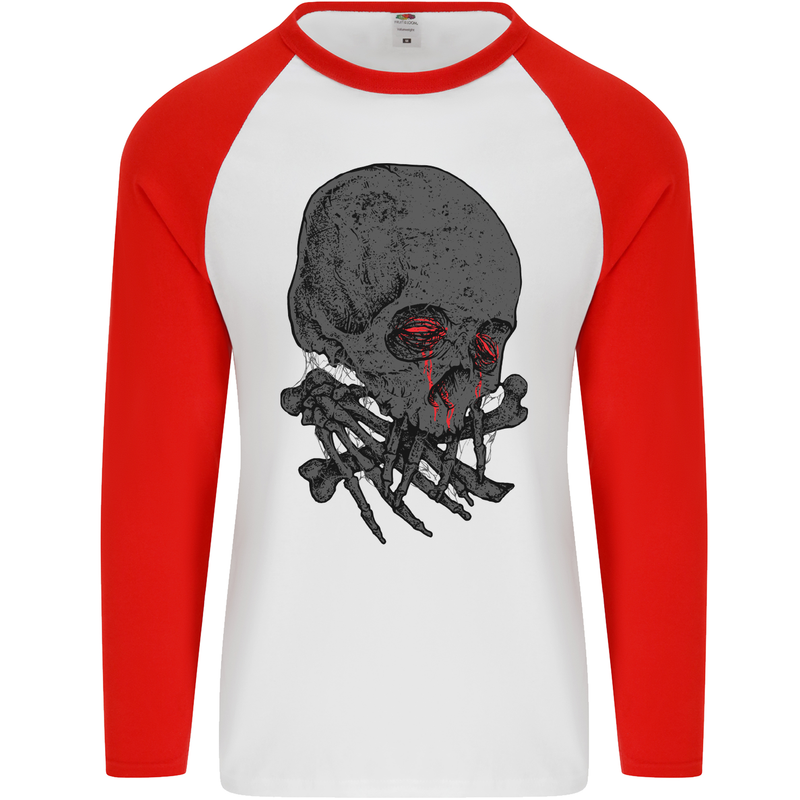 Crying Blood Skull Mens L/S Baseball T-Shirt White/Red